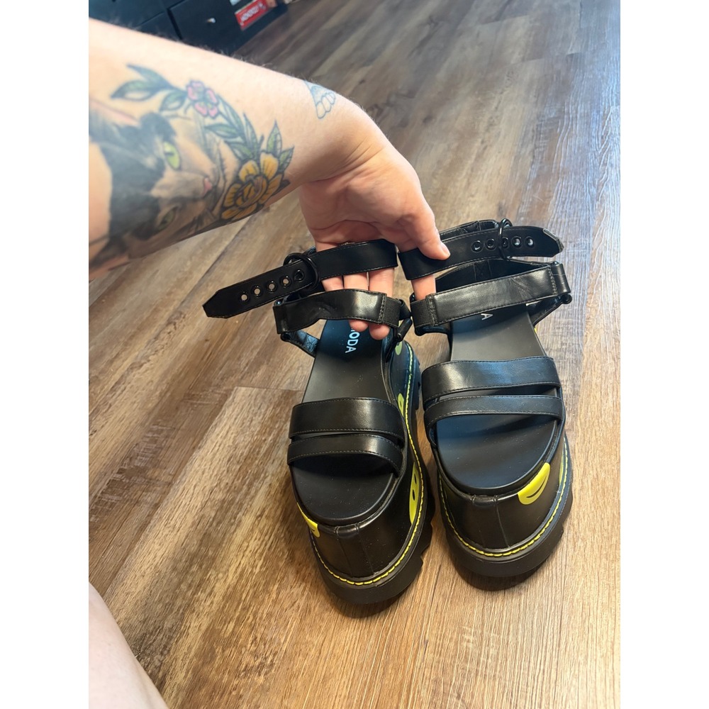 Lamoda Black Smiley Face Platform Sandals Chunky Flatform Rave Festival Shoes 6 - Picture 3 of 5